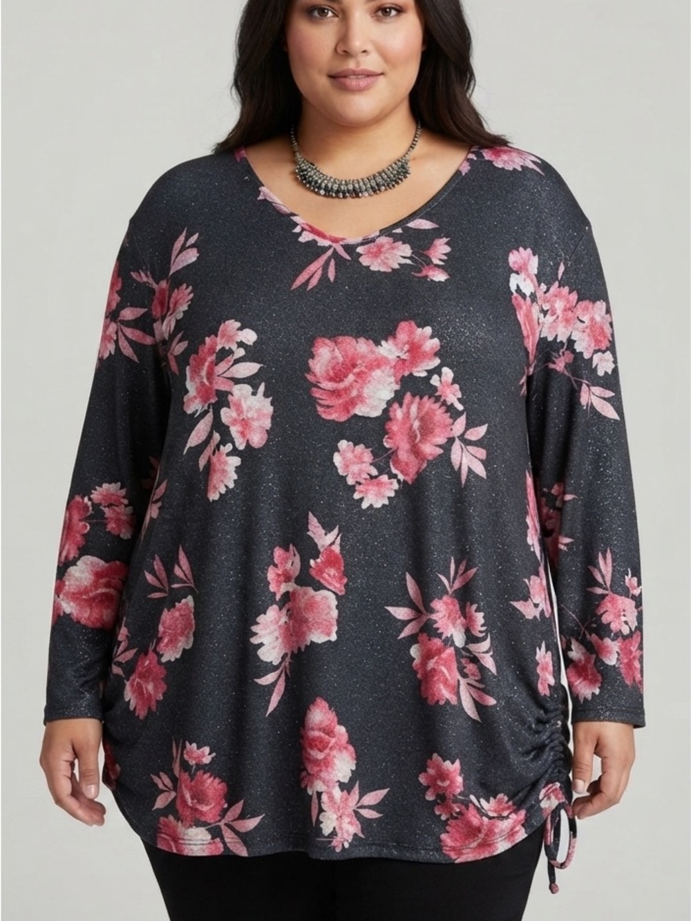 😍CLEARANCE - LILY MORGAN Black Floral V-Neck Long Sleeve Knit Top 3X